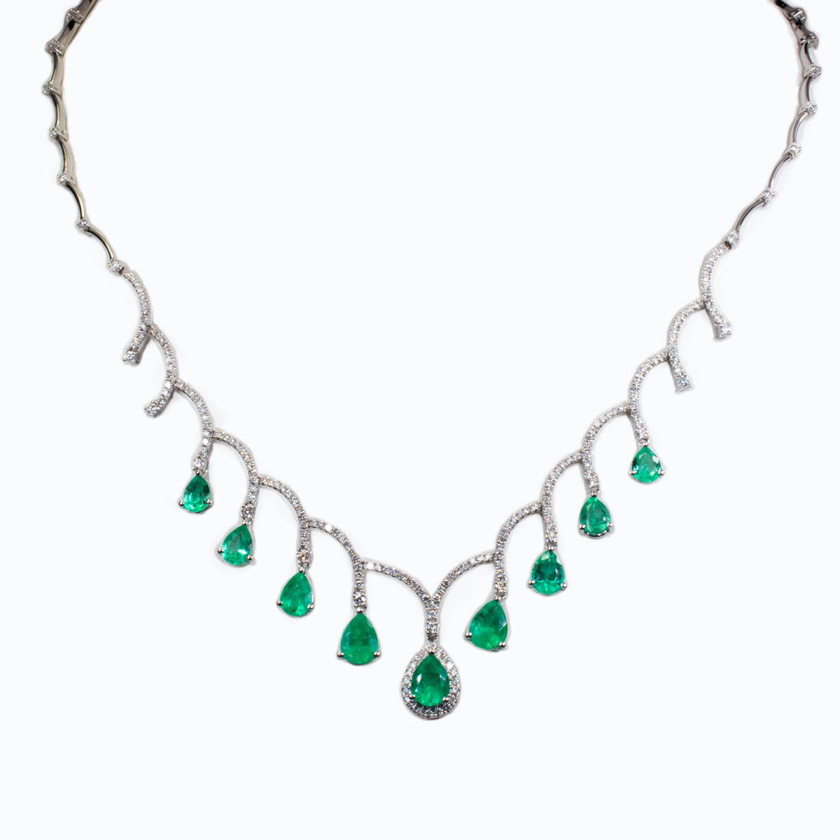 Diamond Accented Natural Emerald Dangling Necklace, 18k White Gold